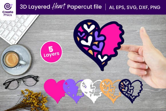 3D Layered Love Heart Paper, Laser Cut Design